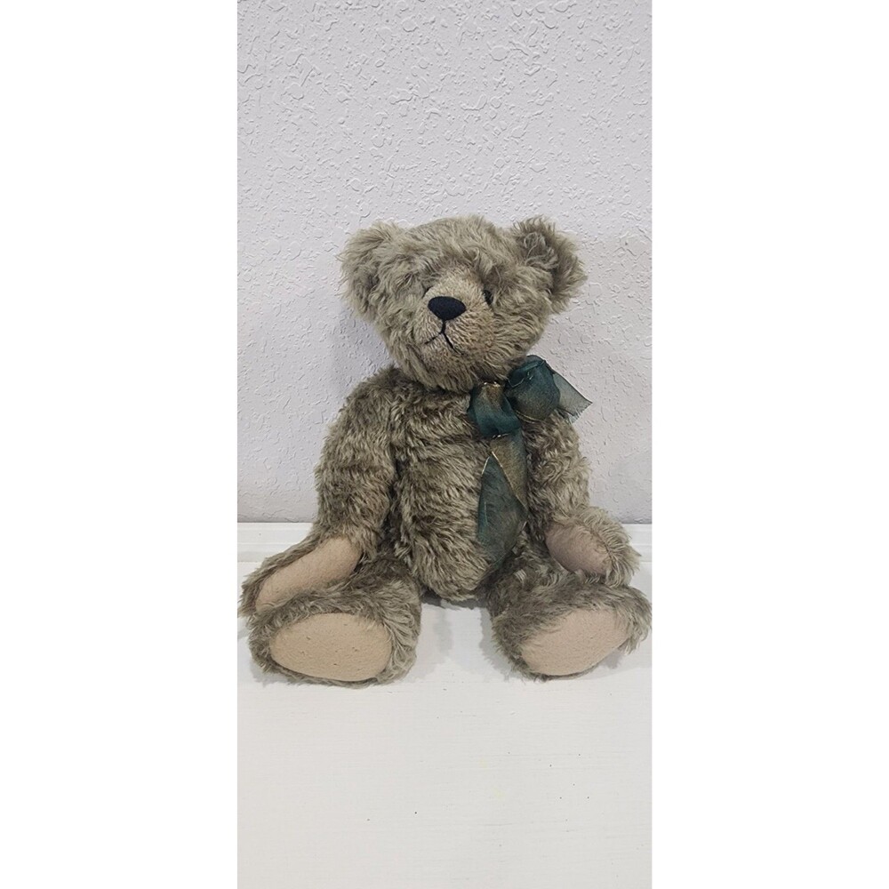 OOAK Handcrafted 13" Artist Teddy Bear 5-Way Jointed Weighted Mohair Green Bow